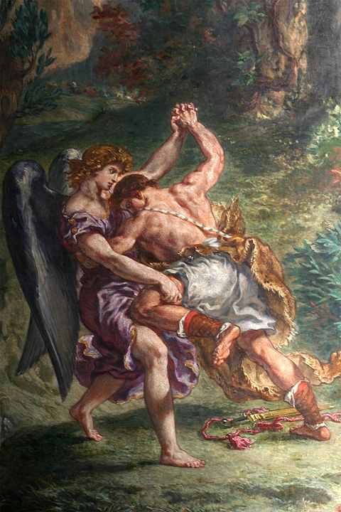 Jacob wrestles with an angel, from a fresco by Eugène Delacroix in Église Saint-Sulpice (Paris), 1861.