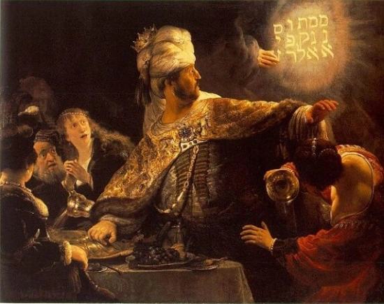 Belshazzar's Feast, by Rembrandt, showing the handwriting on the wall