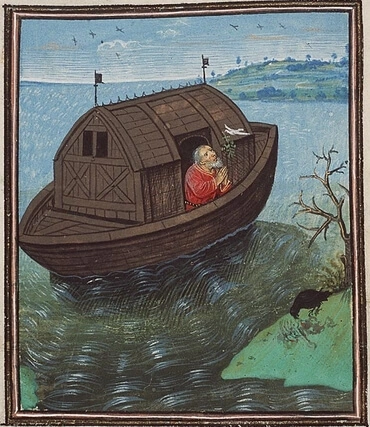 Noah sends off a dove from the ark.