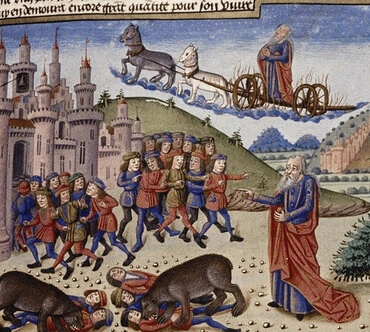 This print, from a medieval French manuscript, shows a relatively bald Elisha cursing the youths as the bears attack. Elijah rides a chariot overhead, having been taken up to heaven shortly before.