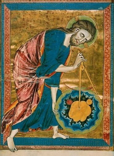 Nicknamed 'God the Geometer,' this  artwork shows God using geometric principles in creating the earth. It is the Frontispiece of Bible Moralisee, in the Codex Vindobonensis 2554 (French, ca. 1250), in the Österreichische Nationalbibliothek.