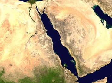 This is a satellite image of the Red Sea. The Sinai peninsula is near the top of the image.