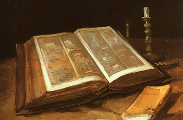 A still life painting by Vincent van Gogh of an open Bible on a table