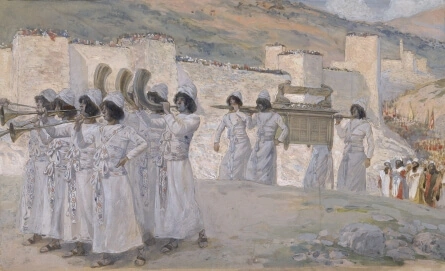 The Seven Trumpets of Jericho, c. 1896-1902, by James Jacques Joseph Tissot (French, 1836-1902) or follower, gouache on board, 7 5/16 x 12 1/16 in. (18.7 x 30.7 cm), at the Jewish Museum, New York