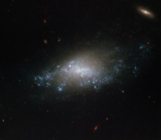 This image from the Hubble Space Telescope shows spiral galaxy NGC 3274, a relatively faint galaxy located over 20 million light-years away in the constellation of Leo. We're using to illustrate the cosmic scope of the questions that human beings need to grapple with.