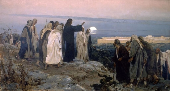 Before entering Jerusalem for the last time, Jesus wept over its future. This painting by Enrique Simonet, is called "Flevit super Illam", the Latin for "He Wept Over It". It is in the Museum of Malaga.