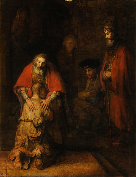 This painting depicts the father's joyful embrace of his son's return in the famous parable of the prodigal son.