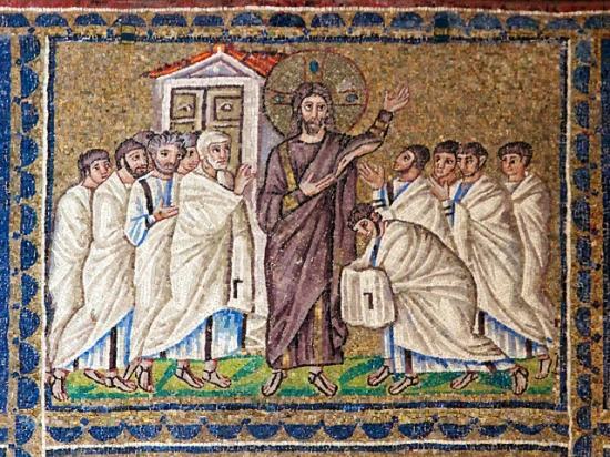 The risen Jesus appears to the disciples in the upper room. 22.4.2010: Sant'Apollinare Nuovo, Ravenna, Emilio Romagna, Italy.