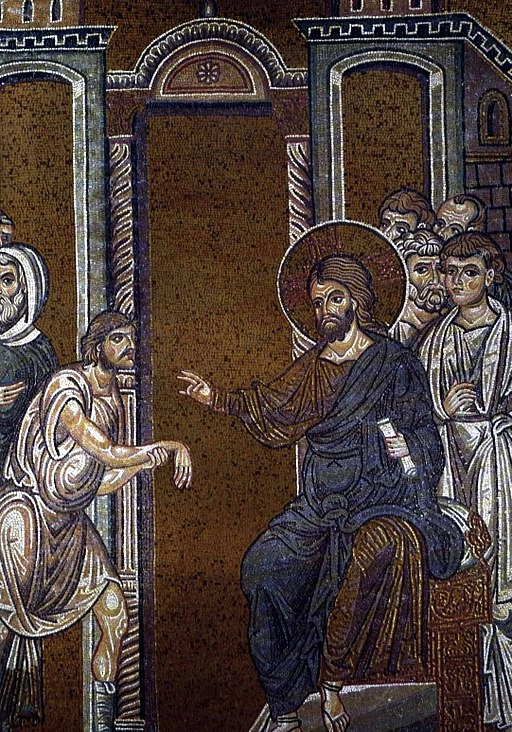 Christ heals the man with paralysed hand. Byzantine mosaic in the Cathedral of Monreale, Sicily, Italy
