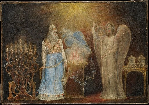 This painting by William Blake shows the scene from Luke 1, where an angel appears to Zacharias the priest, in the temple in Jerusalem, and prophesies the birth of John the Baptist, who will prepare the way for the Messiah.
