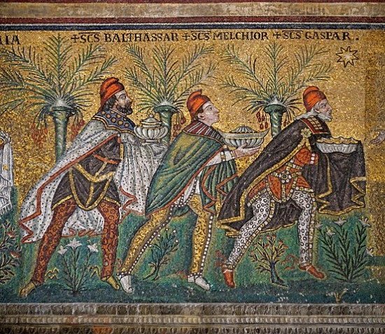Three Wise Men from the East. Part of the mosaic on the left wall of the Basilica of Sant'Apollinare-Nuovo, in Ravenna, Italy.