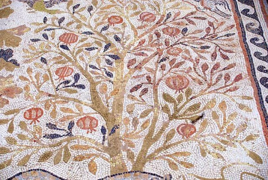 Floor mosaic of a the Tree of Life (as a pomegranite) from the Big Basilica at Heraclea Lyncestis. Bitola, Macedonia.