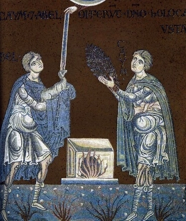 Abel and Cain offer their sacrifice to God. Byzantine mosaic in the Cathedral of Monreale.