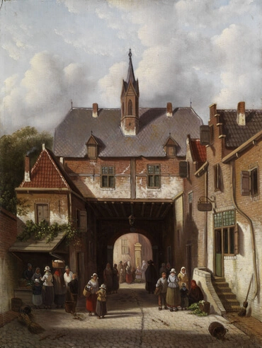 People around a village gate, by Adrianus Eversen
