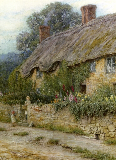 "A Mother and Child Entering a Cottage" by Helen Allingham