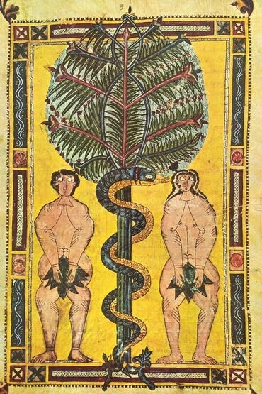 Understanding their guilt, Adam and Eve cover themselves with fig leaves in 'Original Sin,' a 10th-century Spanish painting in the collection of El Escorial Monastery, Spain.