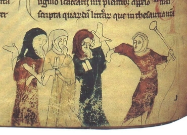 An illustration from the Chronicles of Offa shows Jews being persecuted. The section on Offa is part of a book by 13th-century monk Matthew Paris which includes information on and illustrations of several early English kings.