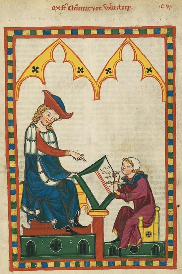 This illustration by Konrad von Wurzburg is part of the Manesse Codex, a 14th-century compilation of Middle High German love songs.