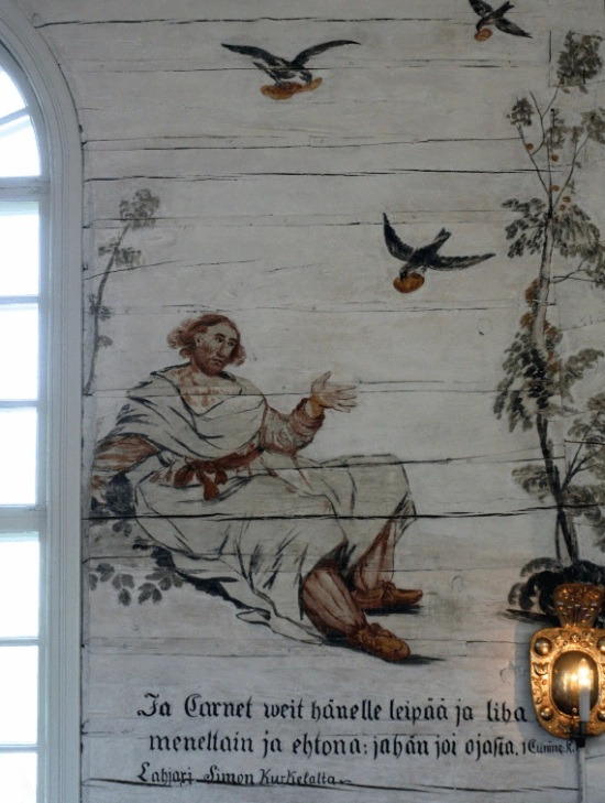 This mural of Elijah being Fed by Ravens is from Haukipudas Church, or Haukiputaan kirkko, in Finland.