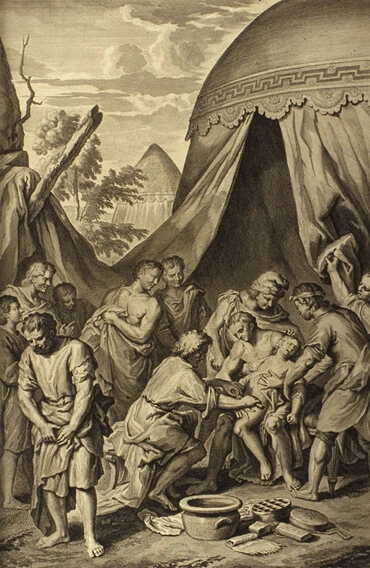 Abraham Took Ishmael with All the Males Born in His House and Circumcised Them, by illustrators of the 1728 "Figures de la Bible", Gerard Hoet (1648–1733) and others, published by P. de Hondt in The Hague in 1728
