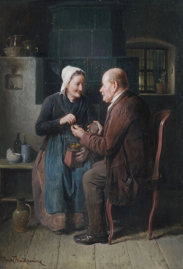 Älteres Paar im Kücheninterieur, by Friedrich Friedländer (1825–1901)