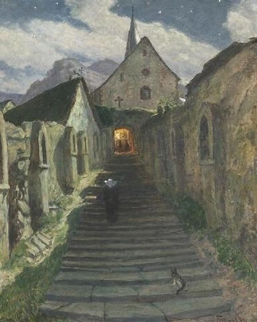 Mondschein in Alken an der Mosel. Nächtlicher Treppenaufgang zur Michaeliskapelle, by Fritz von Wille
