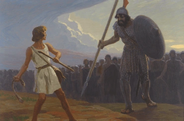 David fighting Goliath, painting by Gebhard Fugel.
