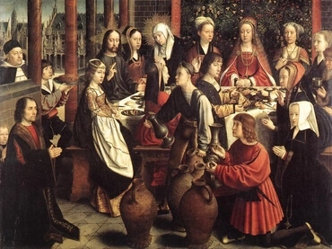 Jesus and Mary are marked with glowing auras in this depiction of "The Wedding at Cana," by Dutch artist Gerard David, created around 1500.