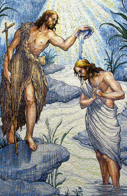 The new mosaic of John the Baptist and Jesus can be seen inside the Gate of Heaven Mausoleum. The Catholic mausoleum is located on Ridegdale Avenue in East Hanover, NJ, USA.