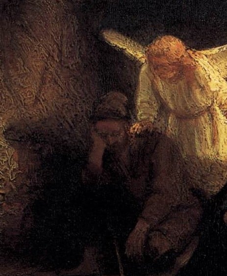 This is actually a painting of Joseph's second dream, when he is warned by an angel that Herod will seek to kill the baby Jesus. We're using it here to illustrate Joseph's first dream, when an angel tells him that Mary's baby will be the Messiah. By Workshop of Rembrandt - Web Gallery of Art:   Image  Info about artwork, Public Domain.