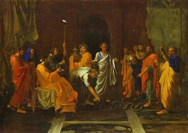 Moses changing Aaron's rod into a serpent, by Nicolas Poussin