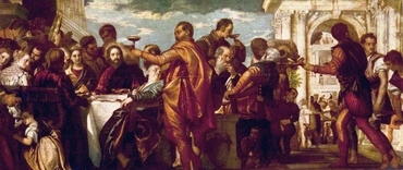 Jesus looks on as a wedding guest wonders at the quality of the wine in this 1570s work by Italian Paolo Veronese.