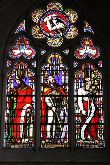 Stained glass depictions of Solomon, David and Jesse, the Church of Saint-Germain-l'Auxerrois, photo by User:Reinhardhauke