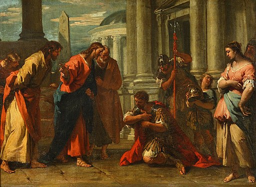 This painting by Sebastiano Ricci, the scene from Luke 7 is shown, in which a centurion asks the Lord to heal his servant.