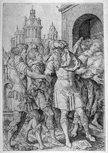 The men of Sodom crowd Lot's door seeking to attack his angel visitors in this 1555 engraving by German artist Heinrich Aldegrever.