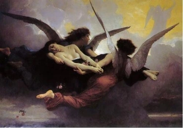 Woman carried by two winged angels