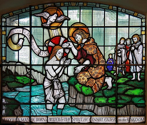 This stained glass window shows the scene where John the Baptist baptises Jesus. It's in the t. John the Baptist Church in Crondall Street, Hoxton, London.