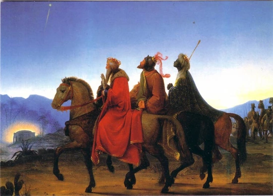 The wise men follow a star to Bethlehem, to visit the Christ child, in this painting by Leopold Kupelweiser.