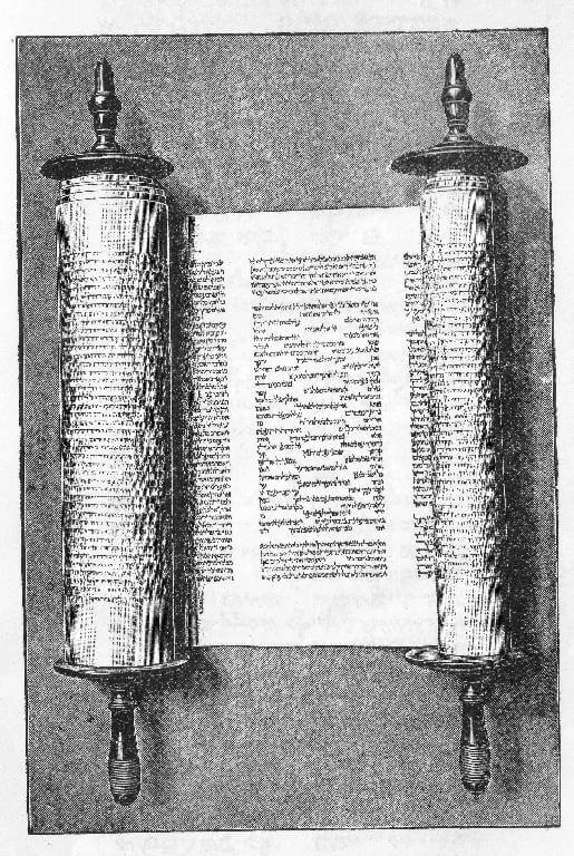 An engraving of a scroll of the Penteteuch in Hebrew characters, British Library Add. MS. 4,707. The scroll is open to the column showing Exodus 15:1-19, the Song of the Sea.

Source: Plate X. The S.S. Teacher's Edition: The Holy Bible. New York: Henry Frowde, Publisher to the University of Oxford, 1896.