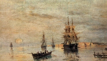 Sailing ships at dawn by Constantine Volanakis