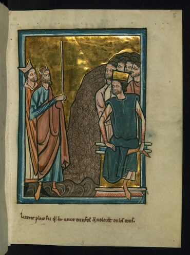 The Third Plague of Egypt, by William de Brailes, illustrates the flies, or gnats, rising from the dust.

This page from Walters manuscript W.106 depicts a scene from Exodus, in which God rained plagues upon Egypt. After plagues of blood and frogs, Pharaoh hardened his heart again and would not let the Israelites leave Egypt. God told Moses to tell Aaron to stretch forth his rod and strike the dust of the earth that it may become gnats throughout the land of Egypt. Here, Moses, horned (a sign of his encounter with divinity), carries the rod, while Aaron, wearing the miter of a priest, stands behind him. The gnats arise en masse out of the dust from which they were made and attack Pharaoh, seated and crowned, and his retinue.