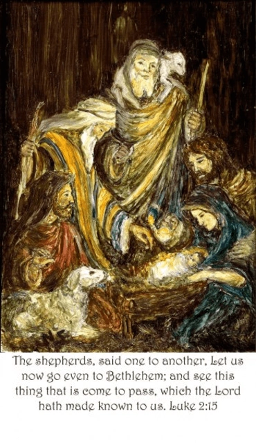 This painting by Nana Schnarr shows the scene in Bethlehem, where the infant Lord has been born.
